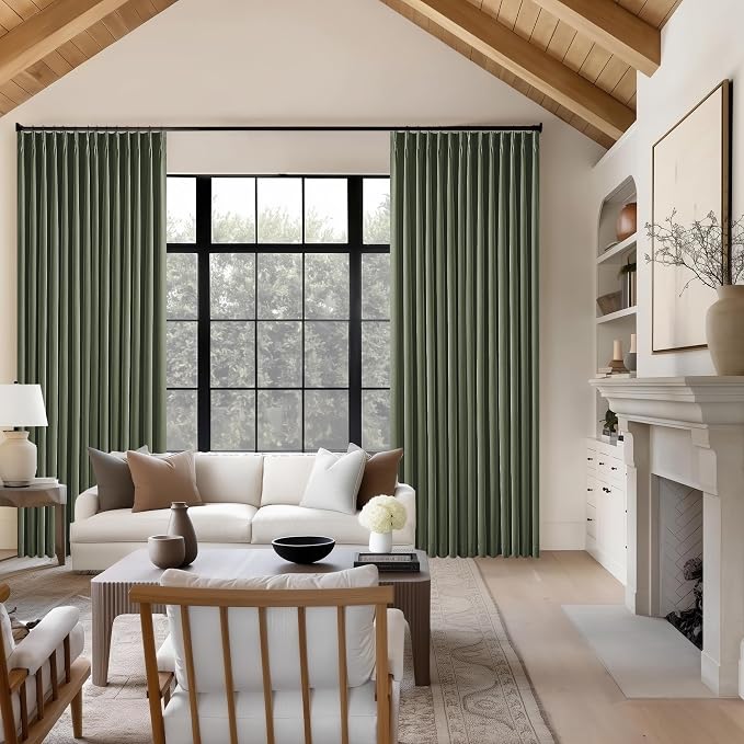 Olive Green Linen 100% Blackout 120 Inch Curtains for Living Room 2 Panels | Pinch Pleated Back Tab Drapes, Thermal Insulated Full Black Out, Farmhouse Boho, W40xL120 Curtains for High Ceiling to Floor