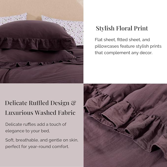 California King Comforter Set-7 Pieces Ruffle Bedding | Purple Bed in a Bag, Soft Lightweight All Season Farmhouse King Size Bedding Sets with Floral Sheets, Pillowcases & Shams