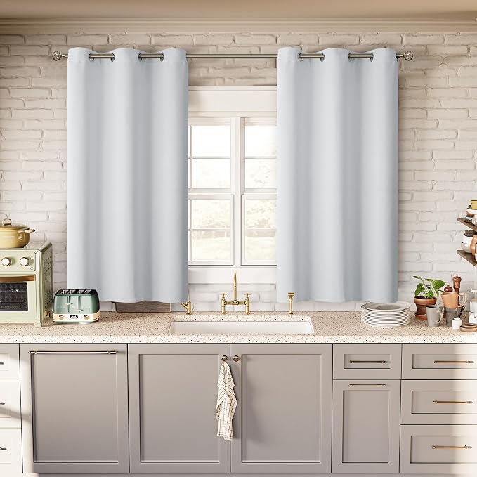 BGment Short Curtains for Small Window 45 Inch - Greyish White 2 Panels | Grommet top, Room Darkening, Sunblock, Thermal Insulated, Window Drapes for Kitchen, 38x45 Inch