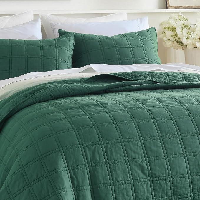 HORIMOTE HOME 100% Cotton Quilt Set King Size, Dark Green Pre-Washed Bedspreads Coverlet Set in Geometric Pattern, Cozy Lightweight Stitching Decorative Bedding Cover with 2 Shams for All Season