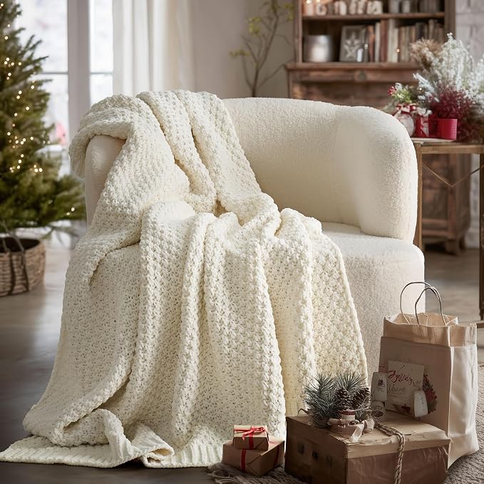 EVERGRACEHOME Chunky Chenille Knit Throw Blanket, 50 x 60, Ivory White | Sculpted Moss Stitch, Chic Modern Farmhouse, All-Season Warmth, OEKO-TEX® Certified, Elegant Blanket for Couch, Bed, Sofa