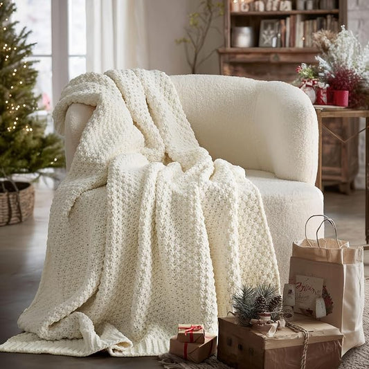 EVERGRACEHOME Chunky Chenille Knit Throw Blanket, 50 x 60, Ivory White | Sculpted Moss Stitch, Chic Modern Farmhouse, All-Season Warmth, OEKO-TEX® Certified, Elegant Blanket for Couch, Bed, Sofa