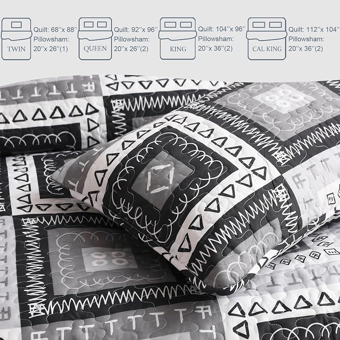 Exclusivo Mezcla Reversible Boho Quilt King Size Black | Lightweight Soft Bedspreads, All Season Patchwork Coverlet Bedding Set, Printed Floral Pattern, 1 Quilt and 2 Pillow Shams