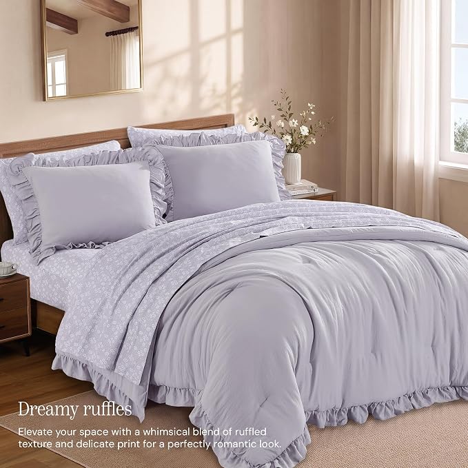King Size Comforter Set-7 Pieces Ruffle Bedding Floral Sheet | Lilac Bed in a Bag, Soft Lightweight All Season Farmhouse King Size Bedding Sets with Floral Sheets, Pillowcases & Shams