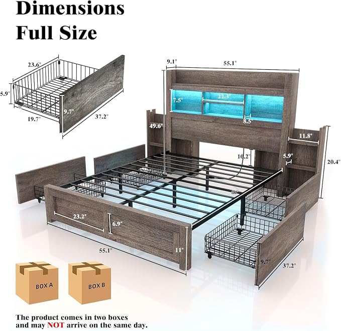 LUXOAK Full Bed Frame with Storage, Bookcase Headboard,Grey | 49.6" Headboard, Wood Platform Bed, Charging Station, Bedside Storage, 4 Storage Drawers, No Box Spring Needed, Farmhouse