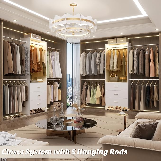 Aheaplus Closet System with Motion-Sensing Light, 3 Wooden Drawers and 4 Hanging Rods, Customizable Walk-in Closet Organizer with 3CCT LED, Wall mounted Garment Rack for Bedroom, White