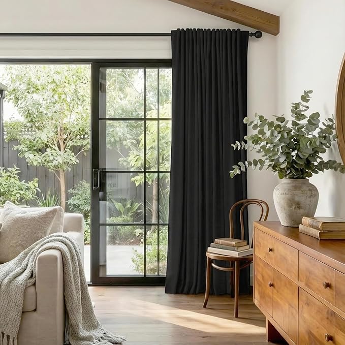 Linen Textured Total Blackout Sliding Door Curtains 90 Inches Long, Black | 100% Blackout Shield Back Tab/Rod Pocket Sliding Door Curtains, Thermal Insulated Curtains 1 Panel Set, 100"W x 90"L
