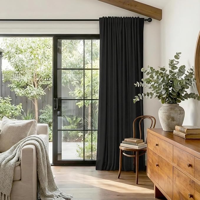 Linen Textured Total Blackout Sliding Door Curtains 96 Inches Long, Black | 100% Blackout Shield Back Tab/Rod Pocket Sliding Door Curtains, Thermal Insulated Curtains 1 Panel Set, 100"W x 96"L