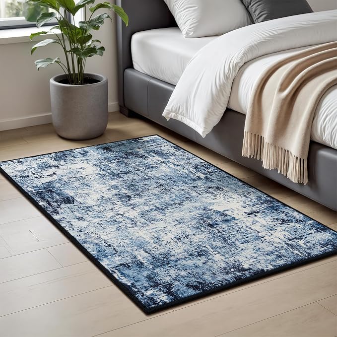 Rugflix 2x4 Entrance Rugs, Washable Navy Blue Dark Entry Small Rug | Machine Washable; Stain-Resistant; Low Pile; Non-Slip; Modern Abstract; Black Carpet for Entryway Kitchen Hallway Home