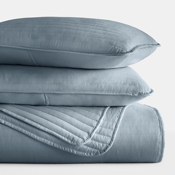 Merit Linens Modern Quilt Coverlet Soft Set in Stripe Stitching - Full/Queen Dusk Blue