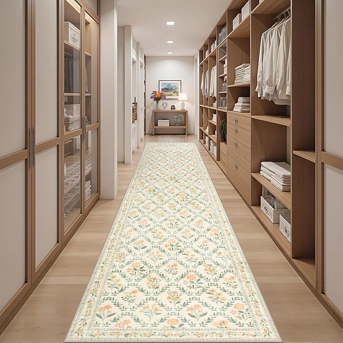 PLHXFR 2.6x14 Washable Runner Rug：Floral Indoor Kitchen Carpet Beige Multi | For Hallway Bedroom Kitchen Laundry Bathroom Dorm,Vintage Floral,Machine washable,Non Slip,Stain Resistant,Indoor Floor