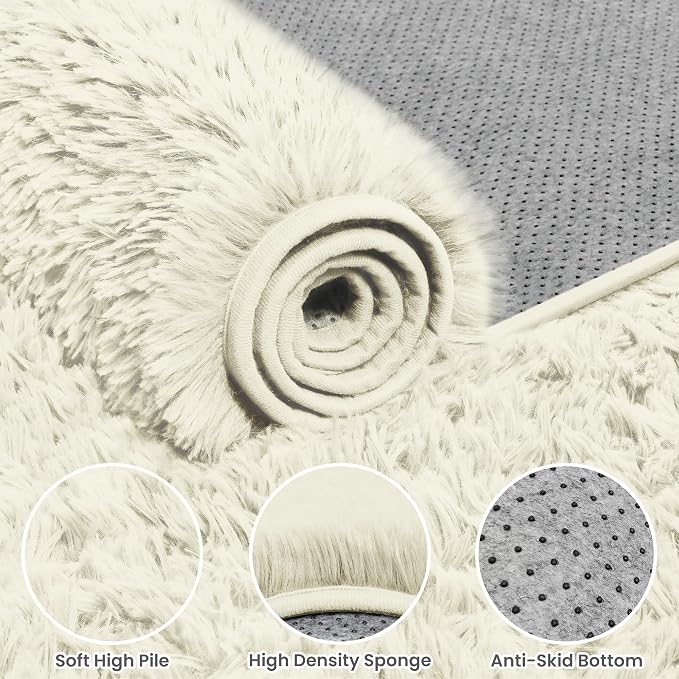 5x8 Fluffy Shag Area Rugs for Living Room Bedroom: Soft Carpet Cream White | Upgraded Non-Slip Thick Memory Foam, Ultra Soft, Non-Shedding Fuzzy Carpet, Easy Clean Decor for Kids Room, Nursery, Playroom