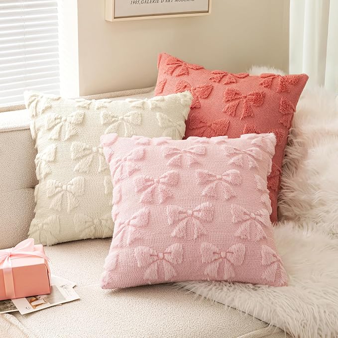 MIULEE Light Pink Bow Pillow Covers Coquette Room Decor 20x20 | Aesthetic Decorative Cute Girl,Set of 2 Cushion Covers,Soft Plush Faux Pillowcases,Preppy Room Decor Bedroom Couch