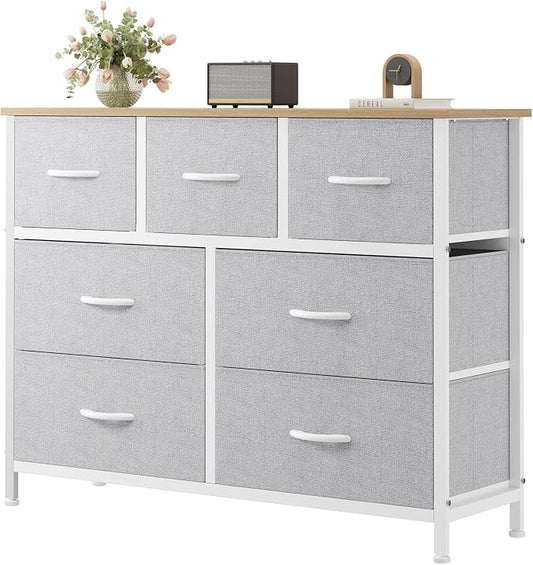 Sweetcrispy 7 Drawer Dresser for Bedroom Storage, Fabric Bins, Light Grey | Anti-Tip Closet Organizer, Wooden Top and Sturdy Steel Frame, Spacious Drawers for Clothes Storage, Hallway Entryway