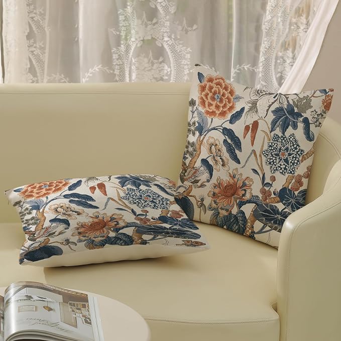 Navy Blue Orange Boho Pillow Covers 18x18 Inch 2 Pcs Chinoiserie Blue Floral Bird Decor Throw Pillows Vintage Flower Seasonal Outdoor Farmhouse Pillowcase Linen Cushion Cover for Couch Sofa