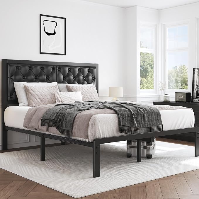 HISOFT Queen Bed Frame with Upholstered Button Tufted Headboard, Bed Frame Platform Metal Slats Support, Under Bed Storage, No Box Spring Needed, Noise-Free, Easy Assembly, Black