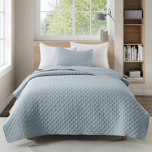 HORIMOTE HOME Quilt Twin Size Chambray Blue, Lightweight Quilt for Summer Ultra-Soft Microfiber Modern Style Quilted Clouds Pattern Bedspread Quit Set 2 Pieces (1 Quilt and 1 Pillow Sham)