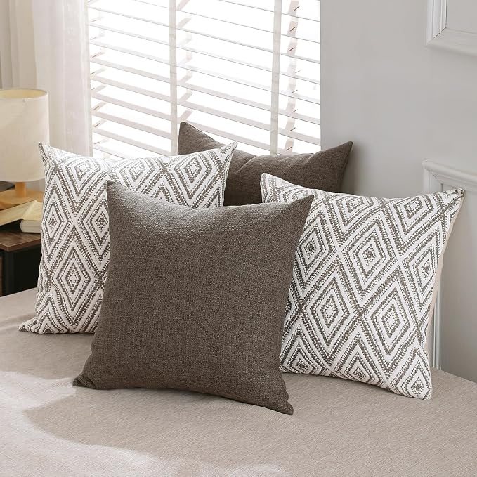 HPUK Throw Pillow Covers 18x18, Set of 4, Natural Couch Pillow Covers | Polyester fabric, patterned and solid designs, hidden zippers, machine washable, for sofas and beds, inserts not included