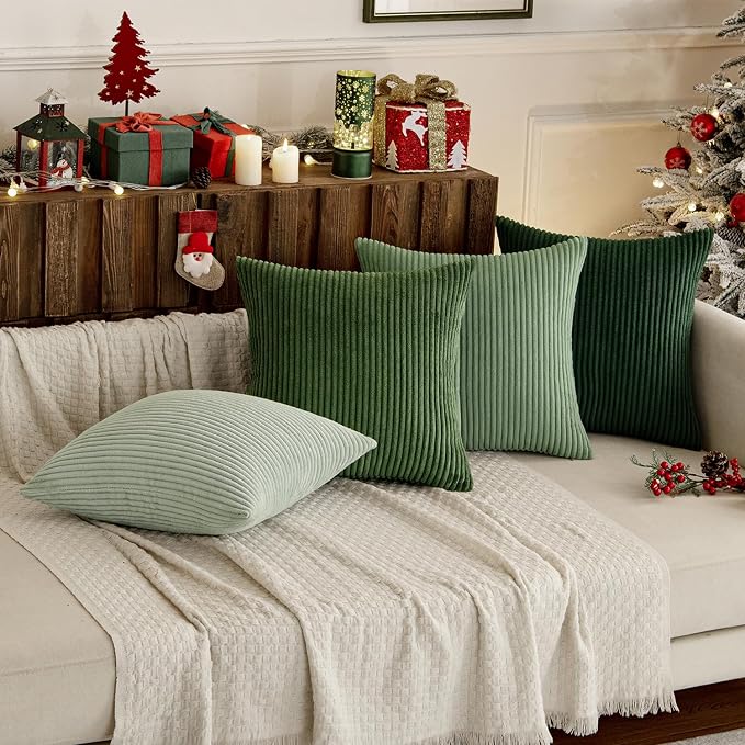 MIULEE Soft Corduroy Decorative Throw Pillow Covers Forest Green 22x22 | Set of 4, Mordern Nordic Home Decor, Gradient Color Matching, Boho Farmhouse Cushion Covers for Couch Bed Sofa Living Room