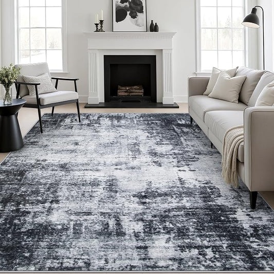 8x10 Area Rug Living Room Rug: Washable Modern Abstract Soft Thin Rug Indoor Floor No Slip Stain Resistant Carpet for Bedroom Dining Room Farmhouse Nursery Home Office - Dark Black