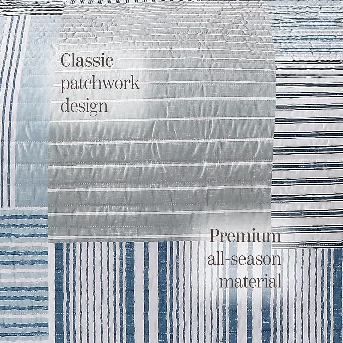 Queen Quilt Set-3 Pieces Soft Bedding Lightweight Floral Patchwork Coverlet | All Seasons Quilts Queen Size for Bed, 1 Quilt (90" x 94") and 2 Shams (20" x 26"), Vintage Bedspread, Blue Stripe