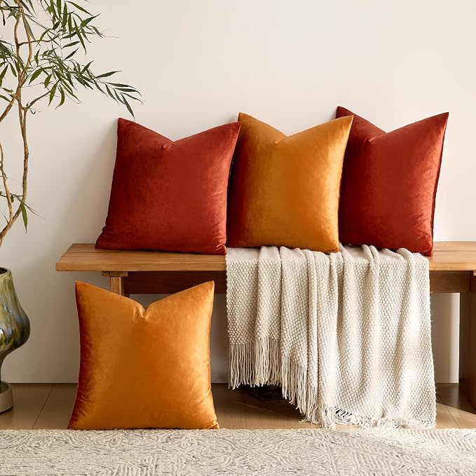 GIGIZAZA Pack of 4 Decorative Velvet Pillow Covers 16x16 Orange | Throw Pillows for Couch Sofa,280gsm Soft Textured Fabric,Modern Accent Pillowcases,Luxury Living Room Cushion Covers