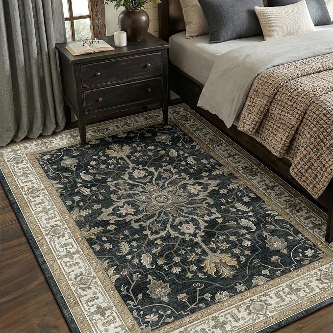 RELEANY Washable Area Rug, 5'x7', Black/Vintage/Beige | Non-Slip, Water Repellent, Pet Friendly, Easy to Clean, Vintage Floral Boho Decor for Living Room Bedroom Dining Room Office