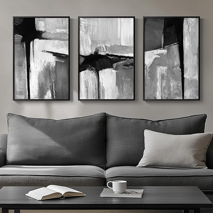 Framed Black White Gray Abstract Wall Art, 3 Piece Canvas Prints 16x24 In | Modern Minimalist Artwork, Solid Frames, Abstract Paintings, Neutral Pictures, Living Room Bedroom Office Hallway Wall Decor