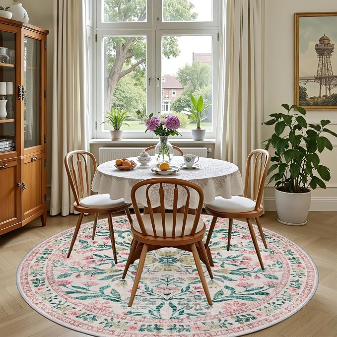 PLHXFR Round Area Rug Living Room: 4 ft Floral Washable Carpet Pink Green | For Bedroom Dining Room Farmhouse Nursery Hallway,Vintage Floral,Machine washable,Non Slip,Stain Resistant,Large Indoor