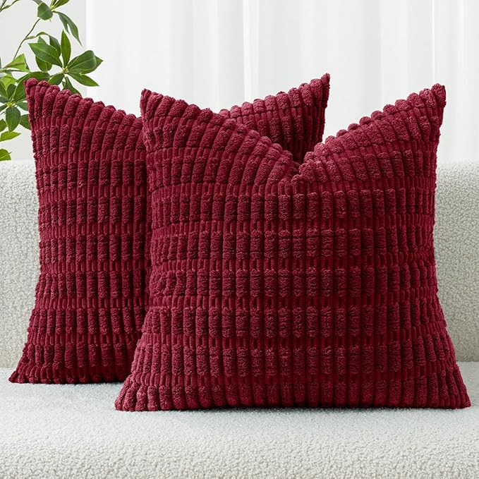 MIULEE Corduroy Decorative Throw Pillow Covers 18x18 Burgundy Pack of 2 | Soft Boho Striped Pillow Covers Modern Farmhouse Home Decor For Sofa Living Room Couch Bed