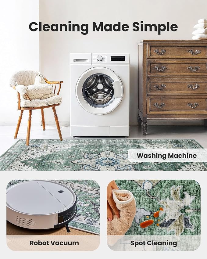 AMADA HOMEFURNISHING 2'6"x10' Washable Area Rug, Low-Profile Entryway Rug with Non-Slip Backing & Durable Edge Binding, Vintage Rug Pattern, Small Rugs for Entryway, Kitchen & Living Room