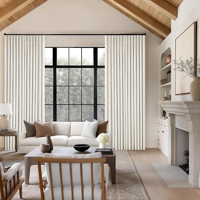 Natural Linen 100% Blackout Pinch Pleated Curtains 112 Inch Long | Room Darkening Thermal Insulated, Pinch Pleat Back Tab, Extra Long Curtains, for High Ceiling Living Room Bedroom 2 Panels