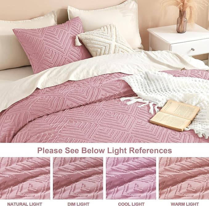 Litanika Queen Size Comforter Set, 3 Pieces Tufted Boho Bedding Set | Grayish Pink Farmhouse Shabby Chic Vintage Bohemian Textured Aesthetic Soft Fluffy Lightweight Breathable All Season Bed Set