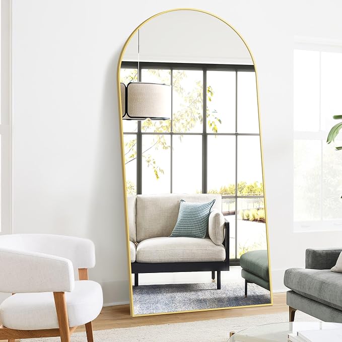 Arched Full Length Mirror, 75"x35" Standing Body Mirror for Wall, Gold | Built-in Stand, HD Shatterproof Glass, Aluminum Alloy Frame, Hanging or Standing, for Bedroom, Living Room & Dressing Room