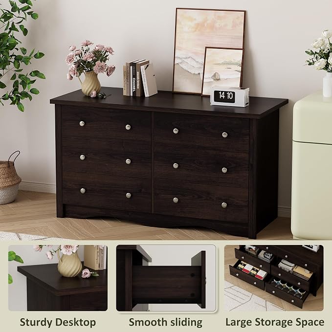 Shahoo Dresser for Bedroom with 6 Drawers, 47.2" Wood Dresser, Brown | Chests of Drawers, Anti-tip, Storage Organizer, TV Stand for Living Room, Closet, Hallway, Dormitory