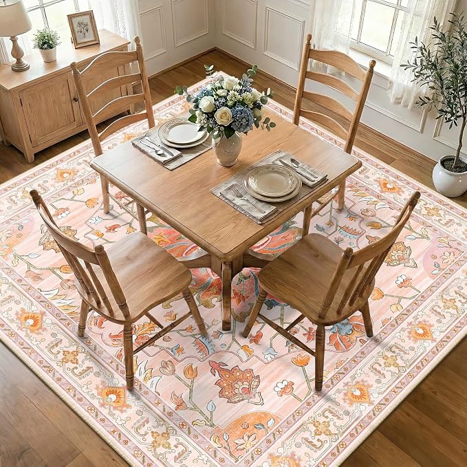 RELEANY Washable Area Rug, Round 7ft, Pink/Light Pink/Colorful | Non-Slip, Water Repellent, Pet Friendly, Easy to Clean, Vintage Floral Boho Decor for Living Room Bedroom Dining Room