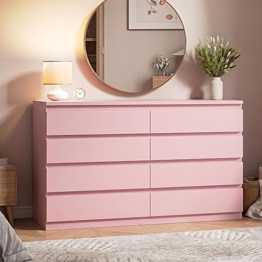 MapleGrace Modern 8 Drawer Dresser, Simply Chest of Drawers for Bedroom, Wooden Storage Dresser with Deep Drawers for Living Room/Hallway/Entryway (Pink)