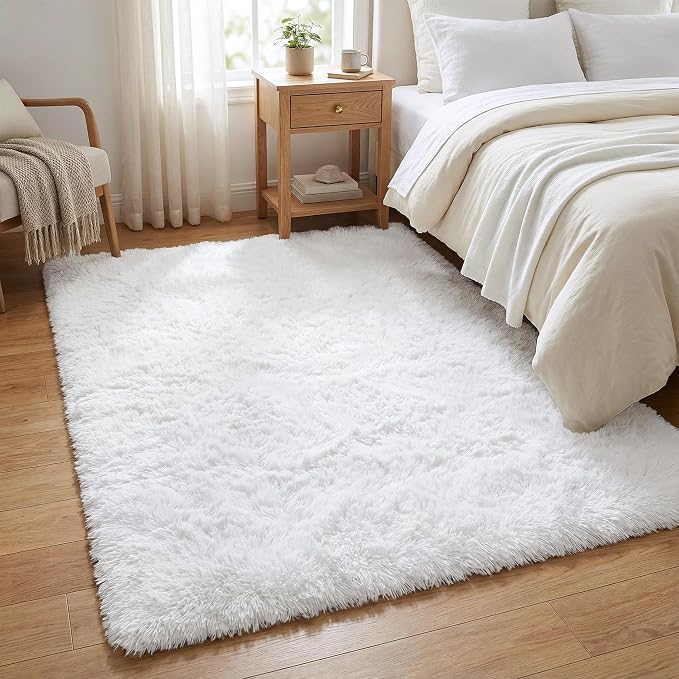 Soft Modern Indoor Shaggy Area Rug for Bedroom Livingroom Dorm Kids Room Home Decorative, Non-Slip Plush Fluffy Furry Fur Rugs Comfy Nursery Accent Floor Carpet 3x5 Feet, White