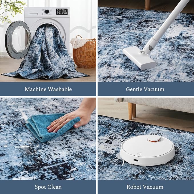 Rugflix 2x6 Runner Rug for Hallway, Washable Navy Blue Kitchen Runners | Machine Washable; Stain-Resistant; Low Pile; Non-Slip; Modern Abstract; Black Carpet for Bedroom Bathroom Laundry