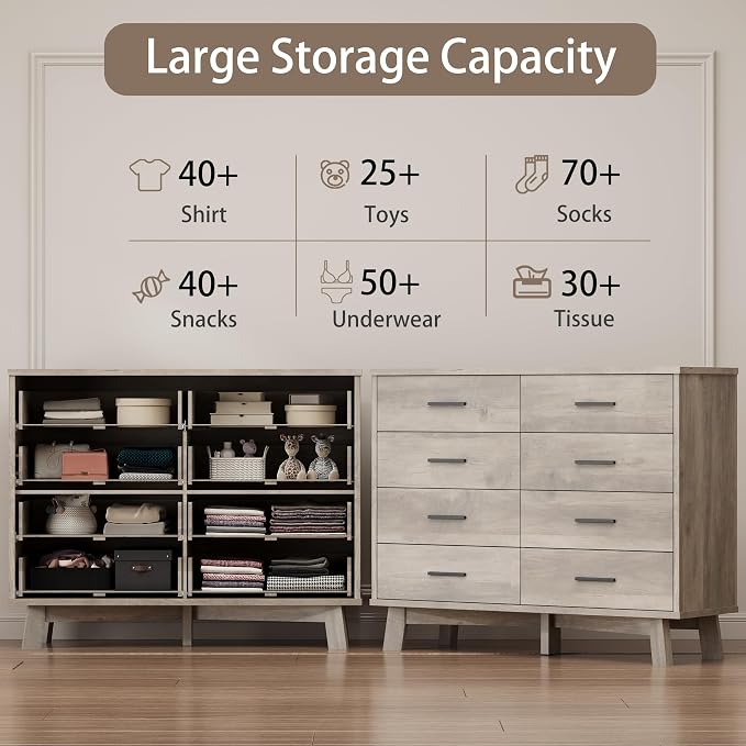 Xixini Dresser for Bedroom, 8 Drawer Wide Modern Chest of Drawers with X-Shaped Sturdy Base, Wood Double Dresser Closet Clothes Storage Organizer, Wooden TV Stand for Living Room, Hallway, Grey