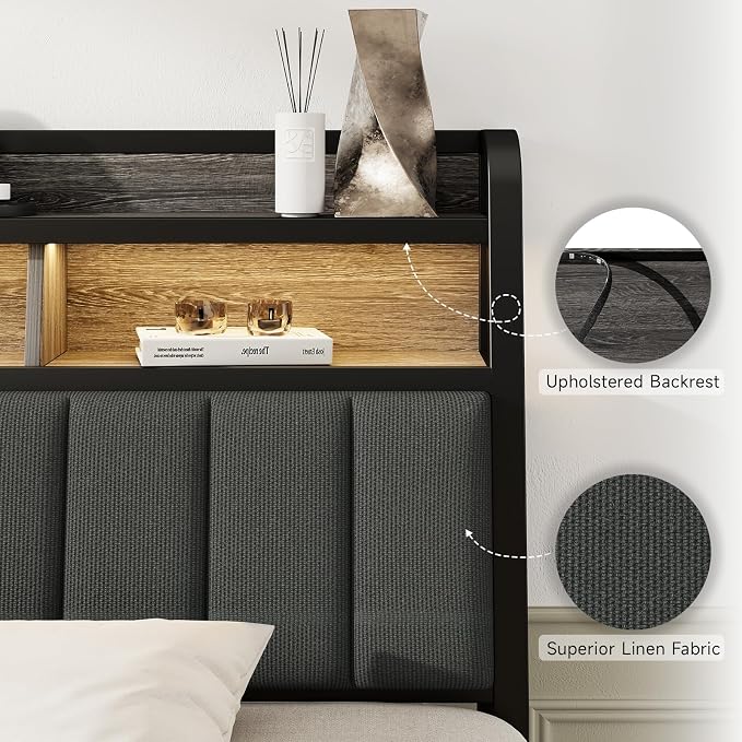 King Headboard Only with Storage, Charging Station, Black & Grey | Upholstered Headboards for King Size Bed with LED Light, Height Adjustable, Sturdy and Stable Headboard