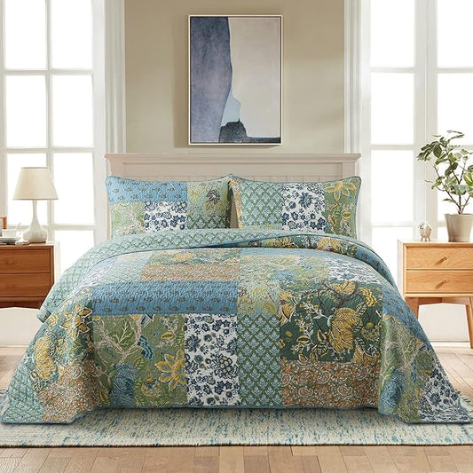 Cotton Patchwork Bedspread, 3-Piece Bedding Quilt Set with Real Stitched Embroidery, Reversible Matelasse Bed Coverlet Set,Green Farmhouse Garden,Twin Size