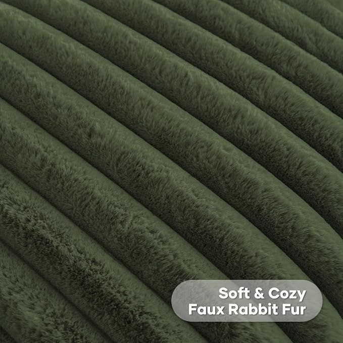 FUTEI Pack of 2 Faux Fur Throw Pillow Covers 12x20 Inch, Olive Green | Fluffy Faux Rabbit Fur Front/Premium Velvet Back,Hidden Zipper,Machine Washable,Non-Shedding,Colorfast,Insert Not Included.