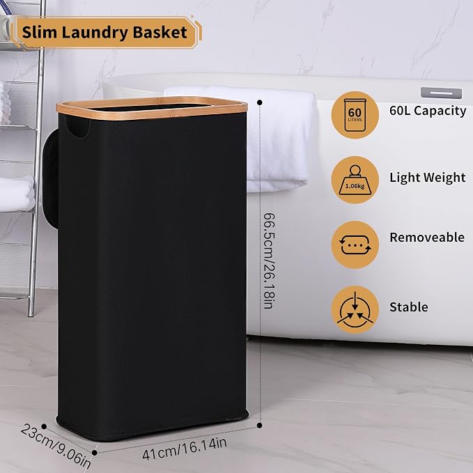 IEGrow Laundry Hamper with Lid,65L Laundry Basket with Mesh Bags,Black | Dirty Clothes Hamper Basket with Bamboo Handle for Clothes Towels