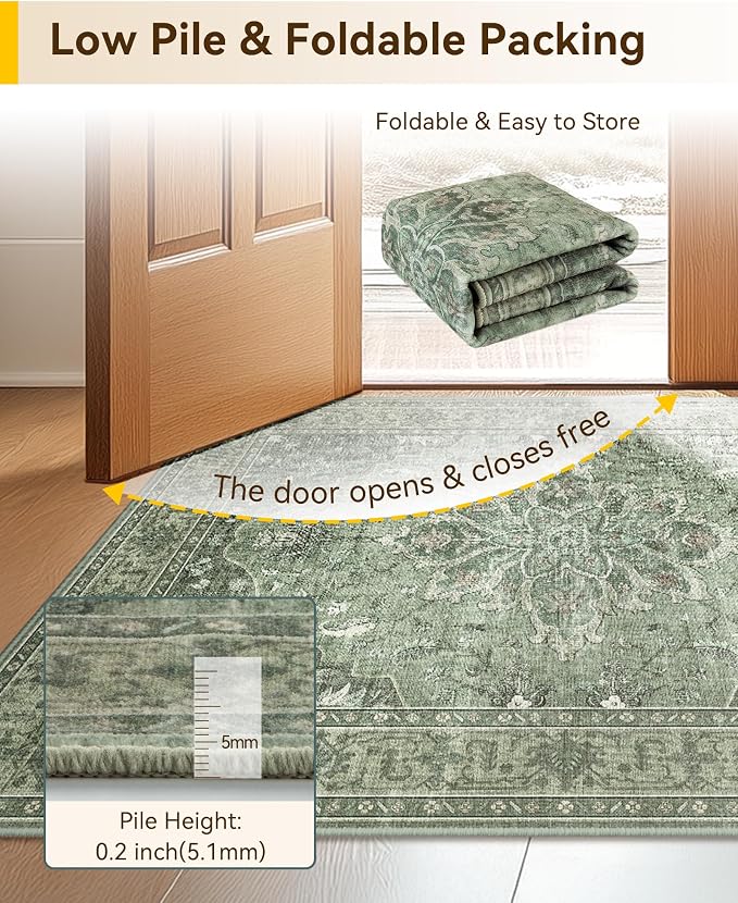 RELEANY Washable Area Rug, 7'x10', Green/Dark Green/Gray | Non-Slip, Water Repellent, Pet Friendly, Easy to Clean, Vintage Floral Boho Decor for Living Room Bedroom Dining Room Office