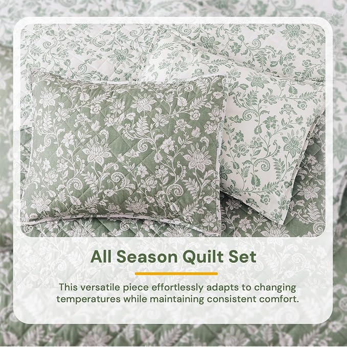 Oversized Queen Quilt Set-3 Pieces Soft Bedding Floral Reversible Coverlet | All Seasons Lightweight Quilts Queen Size for Bed, Breathable Vintage Bedspread with Shams, Green