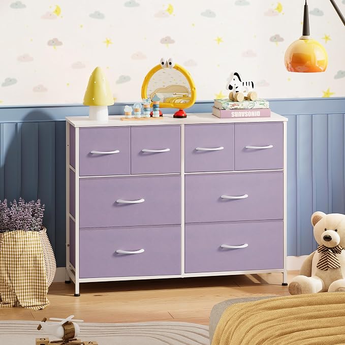 WLIVE Wide Dresser for Bedroom, 8 Drawer Chest of Drawers, Purple | 8 roomy fabric drawers, Wide storage design, Bedroom or closet use, Sturdy steel frame, Smooth wood tabletop