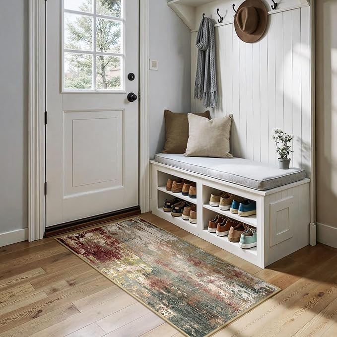 RELEANY Washable 2'x5' Abstract Area Rug for Living Room Rustic Brown | Carpet for Bedroom, Kitchen, Office, Hallway and Entryway, Printed Pattern, Non‑Slip, Soft, Stain‑Resistant, Easy to Clean