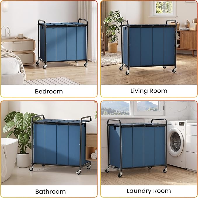 Laundry Sorter 4 Sections 48 Gal, Rolling Laundry Basket with Wheels ＆ Lid | Laundry Hamper, 4 Separated Removable Bags, Lockable Wheels, Dirty Clothes Hamper for Laundry Room Organizer, Blue