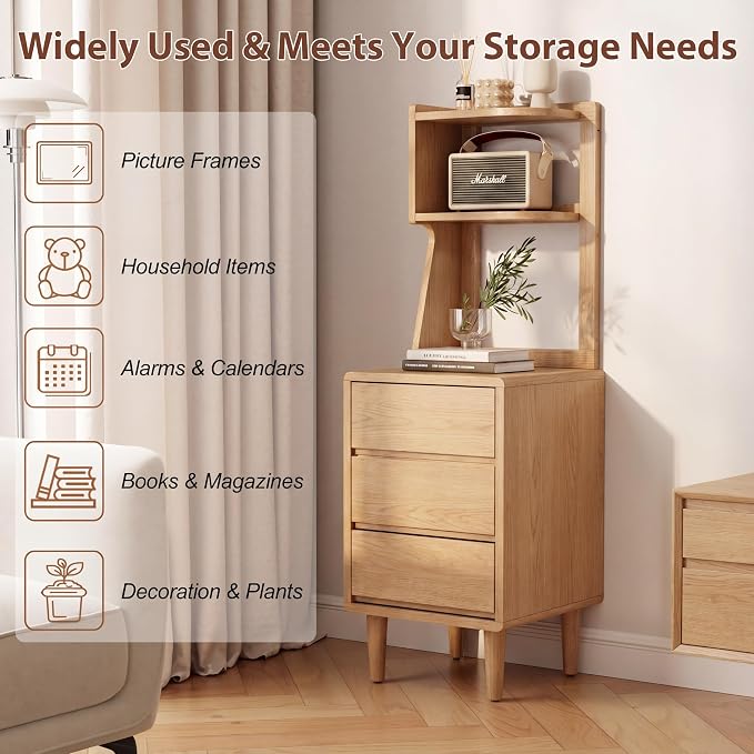 Solid Wood Bookshelf Nightstand Combo, Tall Nightstand with Bookshelf | Oak Nightstand Bookshelf,Narrow Nightstand with Drawers,Open Shelf Bookcase,for Bedroom,Living Room,Offices